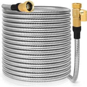 50FT Metal Garden Hose Stainless Steel 304 Kink Free Lightweight w/ Brass Valve